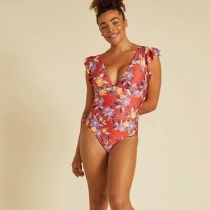 Modcloth Kelsie One Piece Swimsuit Red Floral NWT